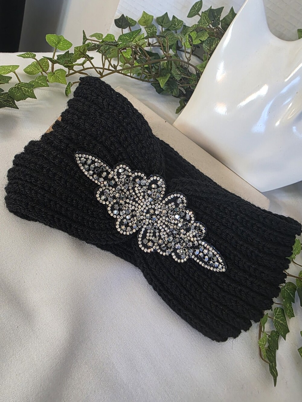 Glam Beaded Crystal Medallion Knit Headband Winter Ear Warmer Black